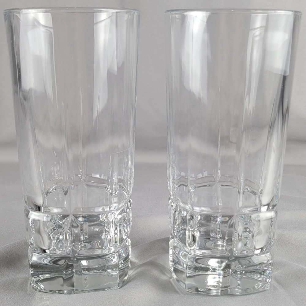 2 Libbey Squire Cooler Tumbler Glass Paneled Block Base Vertical Cut MCM Barware